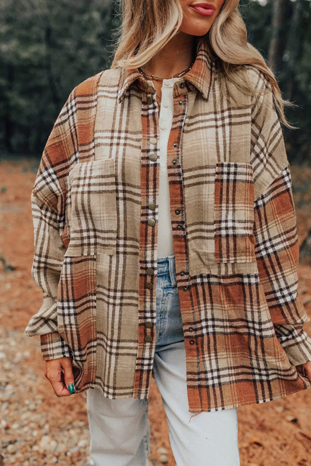 Khaki Plaid Colorblock Patchwork High Low Shacket - Chic Meadow Boutique 