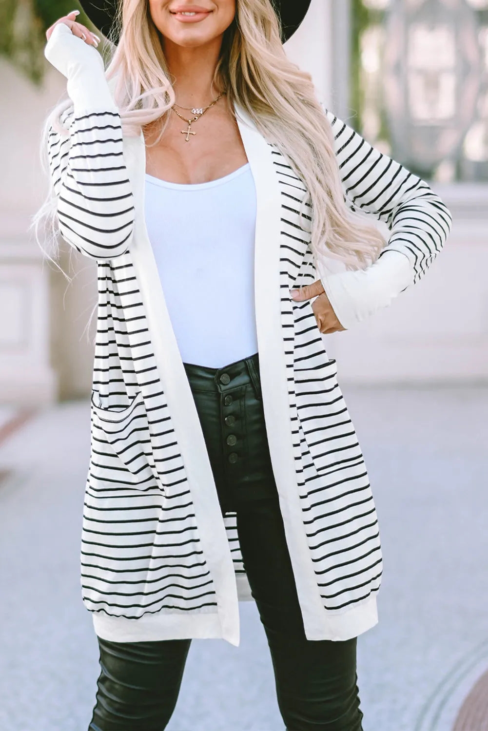 White Striped Side Pockets Open Front Cardigan - Chic Meadow Boutique 