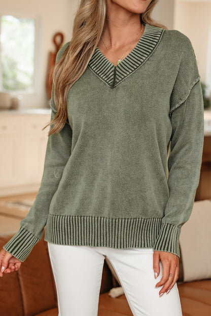 Four Leaf Clover Mineral Wash V Neck Knit Exposed Seam Drop Shoulder Loose Sweater