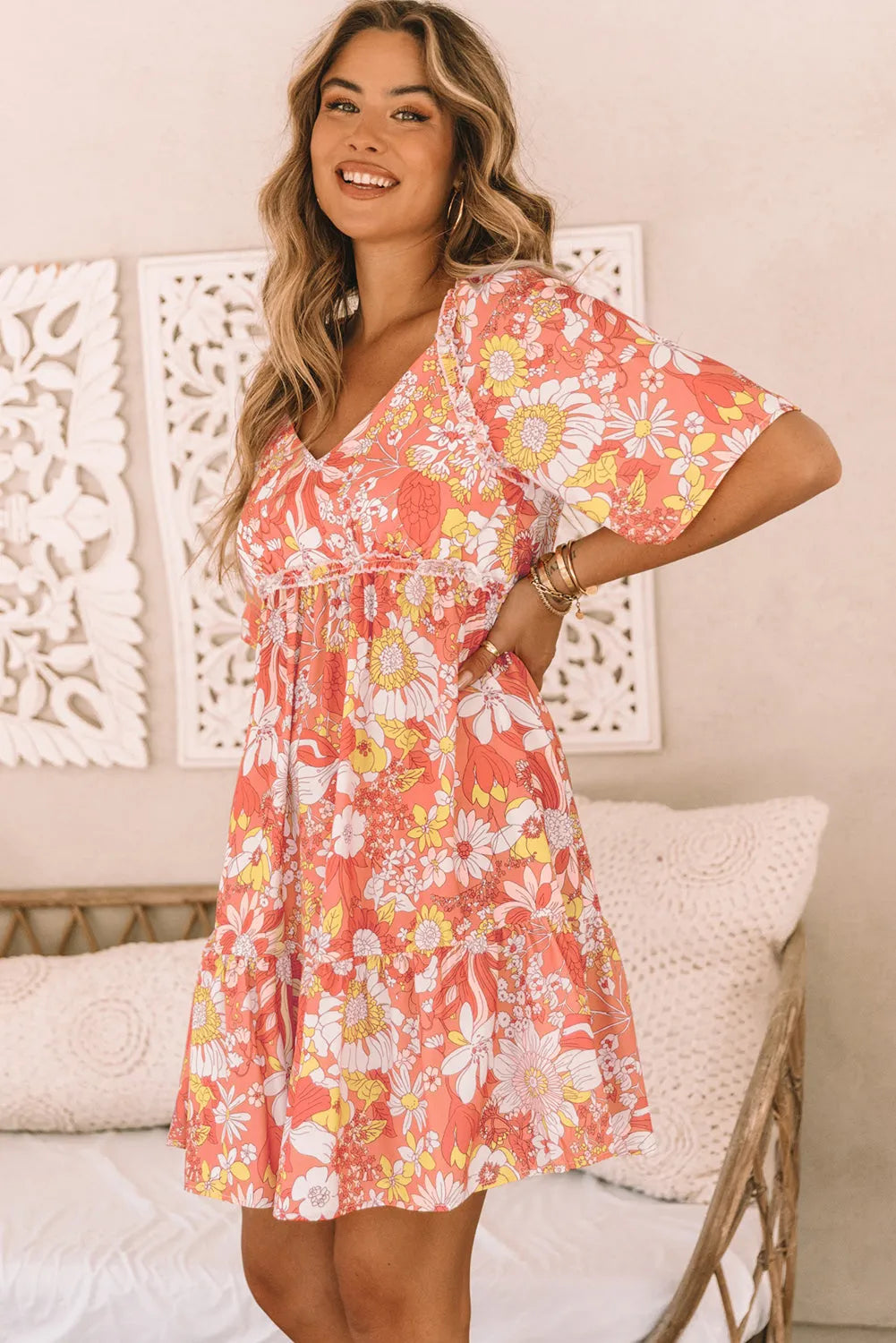 Orange Wide Flutter Sleeve Floral Dress - Chic Meadow Boutique 