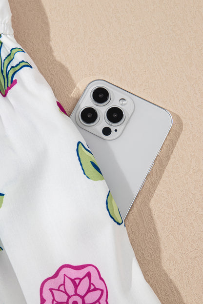 White Floral Puff Short Sleeve V Neck High Waist Maxi Dress