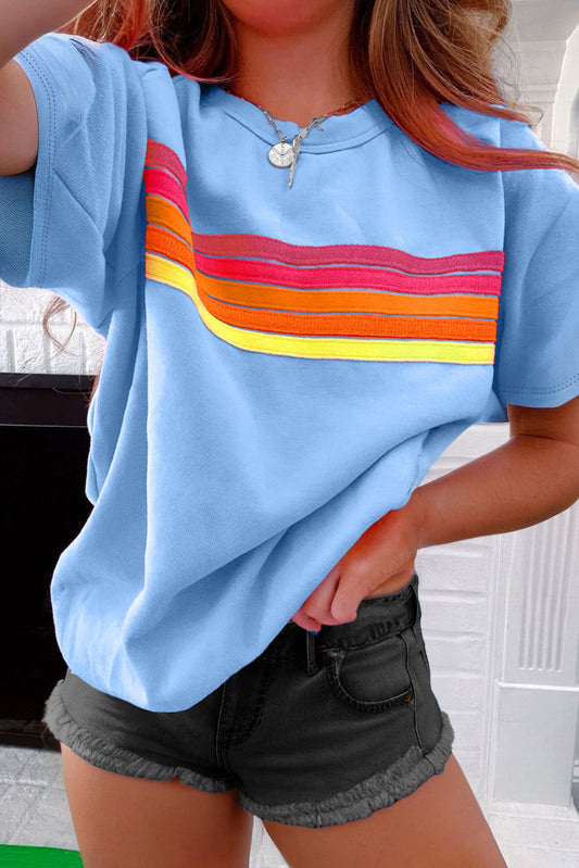 Beau Blue Striped Patch Front Casual Tee