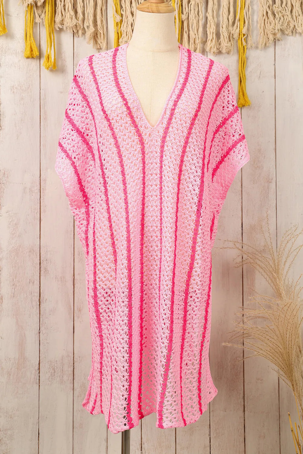 Pink Striped Crochet Loose Fit V Neck Beach Cover Up - Chic Meadow Boutique 