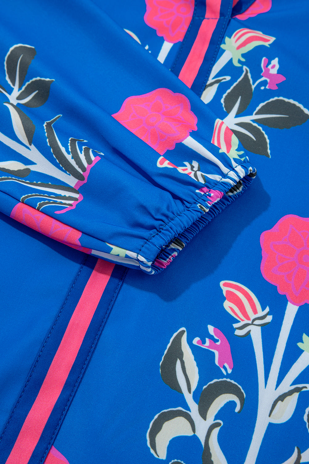 Blue Floral Print Contrast Striped Trim Notched Neck Long Sleeve Blouse