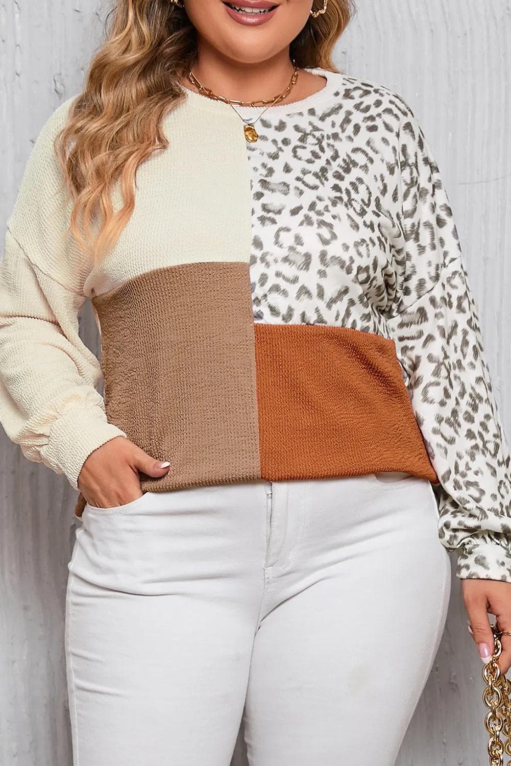 Plus Size/Plus Size Tops/Plus Size Long Sleeve Tops Khaki Ribbed Color Block Leopard Splicing Plus Size Top