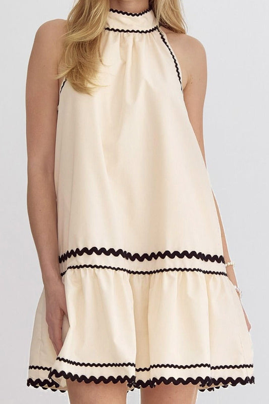 Khaki Stripe Ric Rac Trim Halter A-line Sleeveless Mini Dress