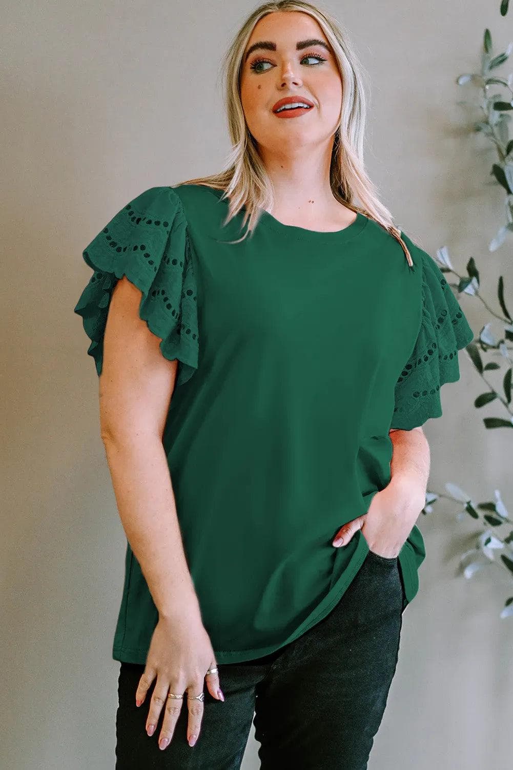 Plus Size/Plus Size Tops/Plus Size Tops & Tees Green-2 / 1X / 100%Cotton Green Plus Size Flutter Sleeve Top