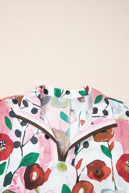 Pink Floral Print Slit V Neck Short Sleeve Blouse