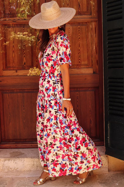 White Floral Print Short Sleeve Buttoned Split Maxi Dress - Chic Meadow Boutique 