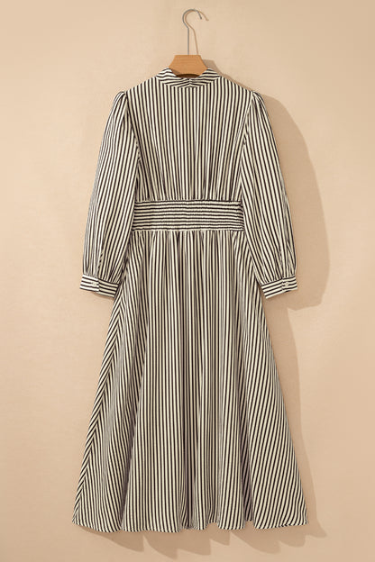 Black Stripe V Neck Zip Front Cinched High Waist Midi Dress
