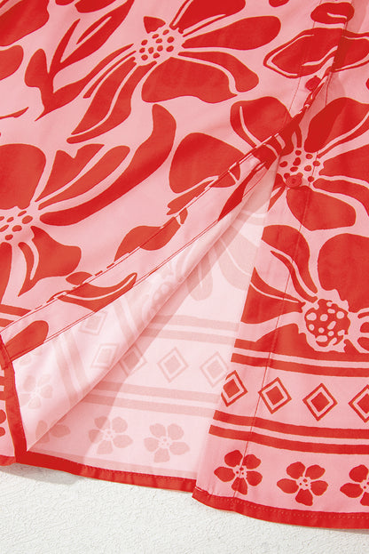 Red Boho Floral Short Sleeve V Neck Buttoned Shirred Waist Long Dress