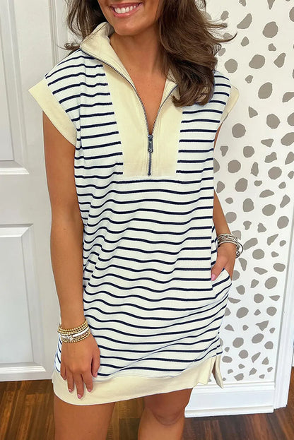 Blue Stripe Quarter Zip Collared Cap Sleeve Mini Dress - Chic Meadow Boutique 