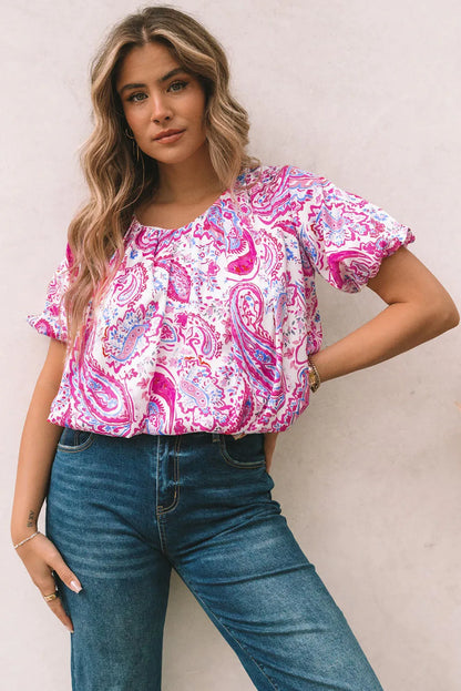 Paisley Pattern Print Puff Sleeve V Neck Blouse - Chic Meadow Boutique 