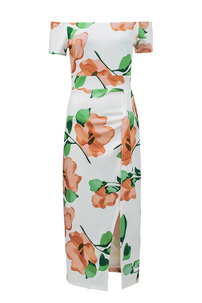 Green Floral Print Off Shoulder Slit Bodycon Midi Dress - Chic Meadow Boutique 