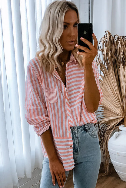 Pink Stripe Buttoned Long Sleeve Casual Shirt - Chic Meadow Boutique 