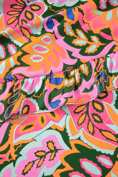 Rose Summer Plant Print Surpliced V Neck Ruffled Asymmetric Slit Wide Short Sleeve Maxi Dress