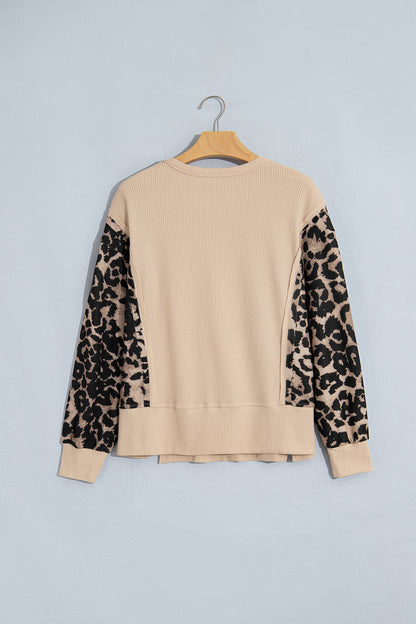 Gray Morn Leopard Sleeve Waffle Knit Split Hem Top