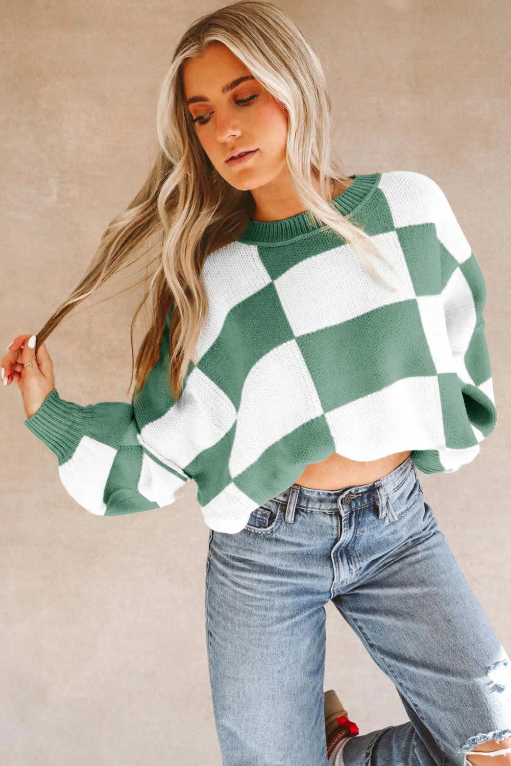 Green Checkered Bishop Sleeve Sweater - Chic Meadow Boutique 