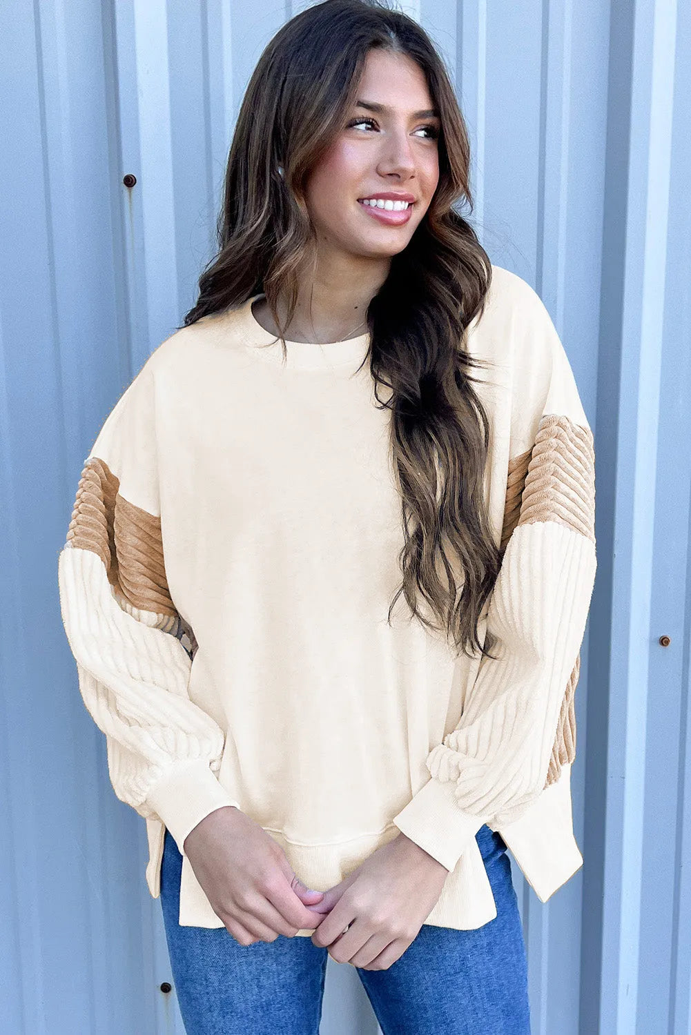 Tops/Sweatshirts & Hoodies Apricot Corduroy Patchwork Drop Shoulder Long Sleeve Sweatshirt