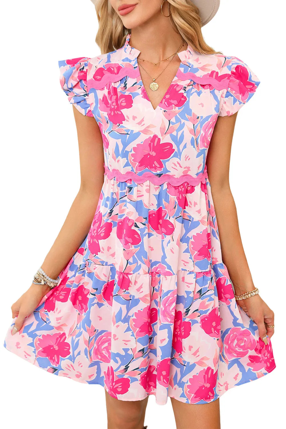 Pink Floral Printed V Notched Ric Rac Flutter Sleeve Dress - Chic Meadow Boutique 