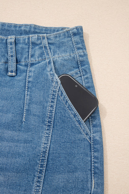 Sky Blue Medium Wash Cuffed Barrel Jeans