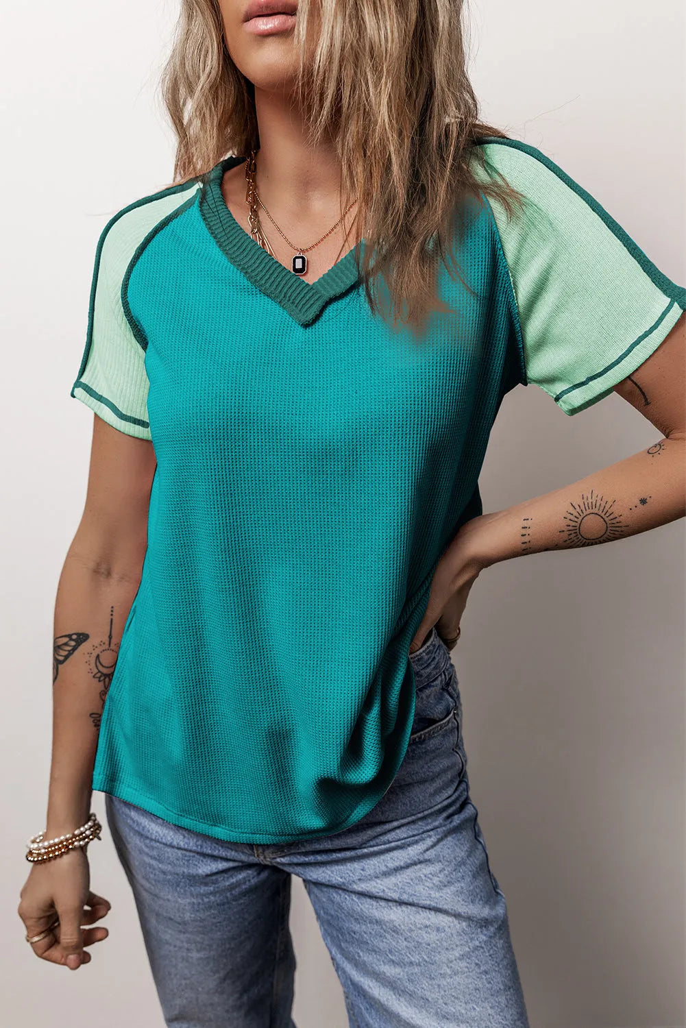 Green Exposed Seam Color Block Knitted V Neck T-shirt - Chic Meadow Boutique 