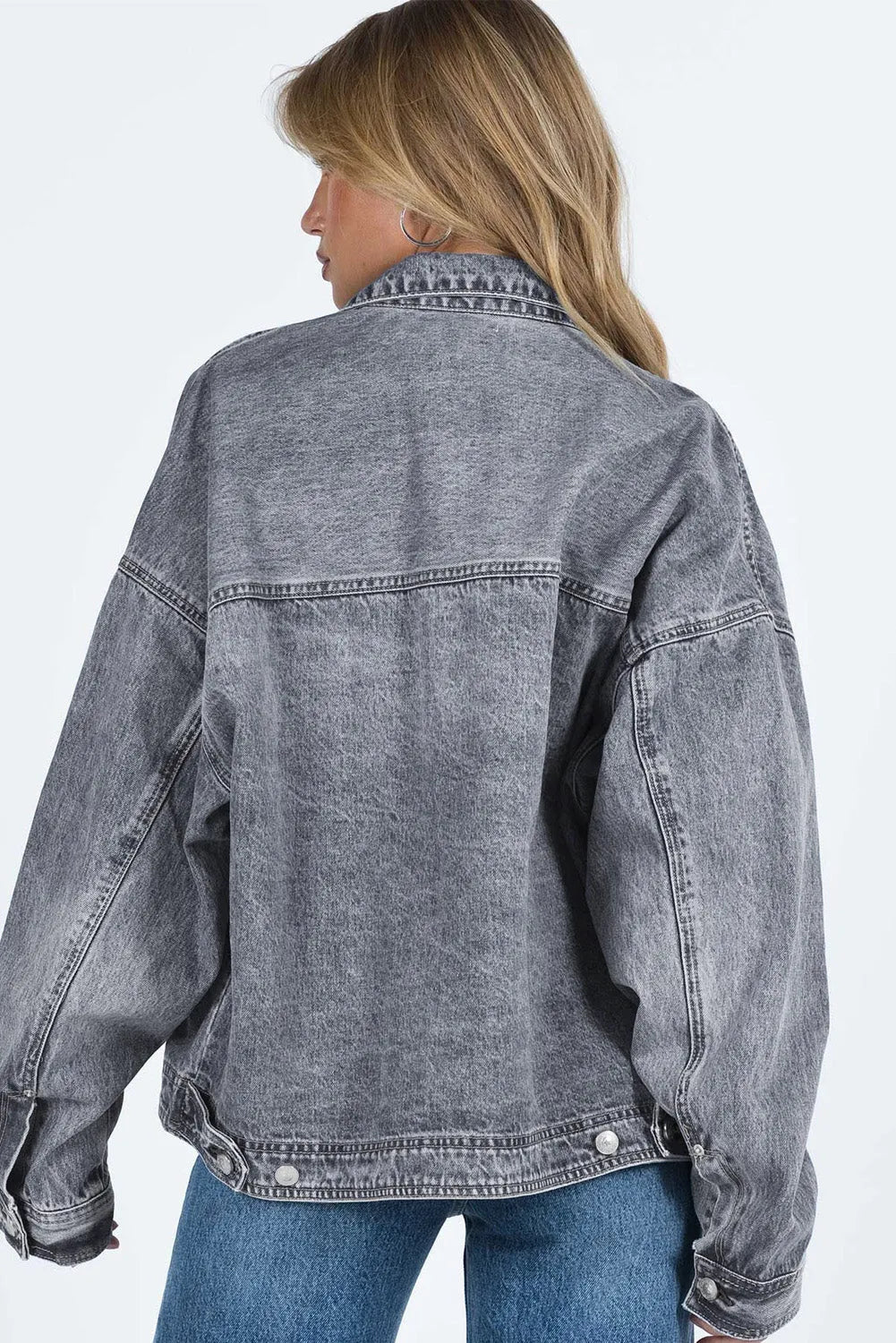 Gray Chest Pockets Drop Shoulder Loose Denim Jacket - Chic Meadow Boutique 