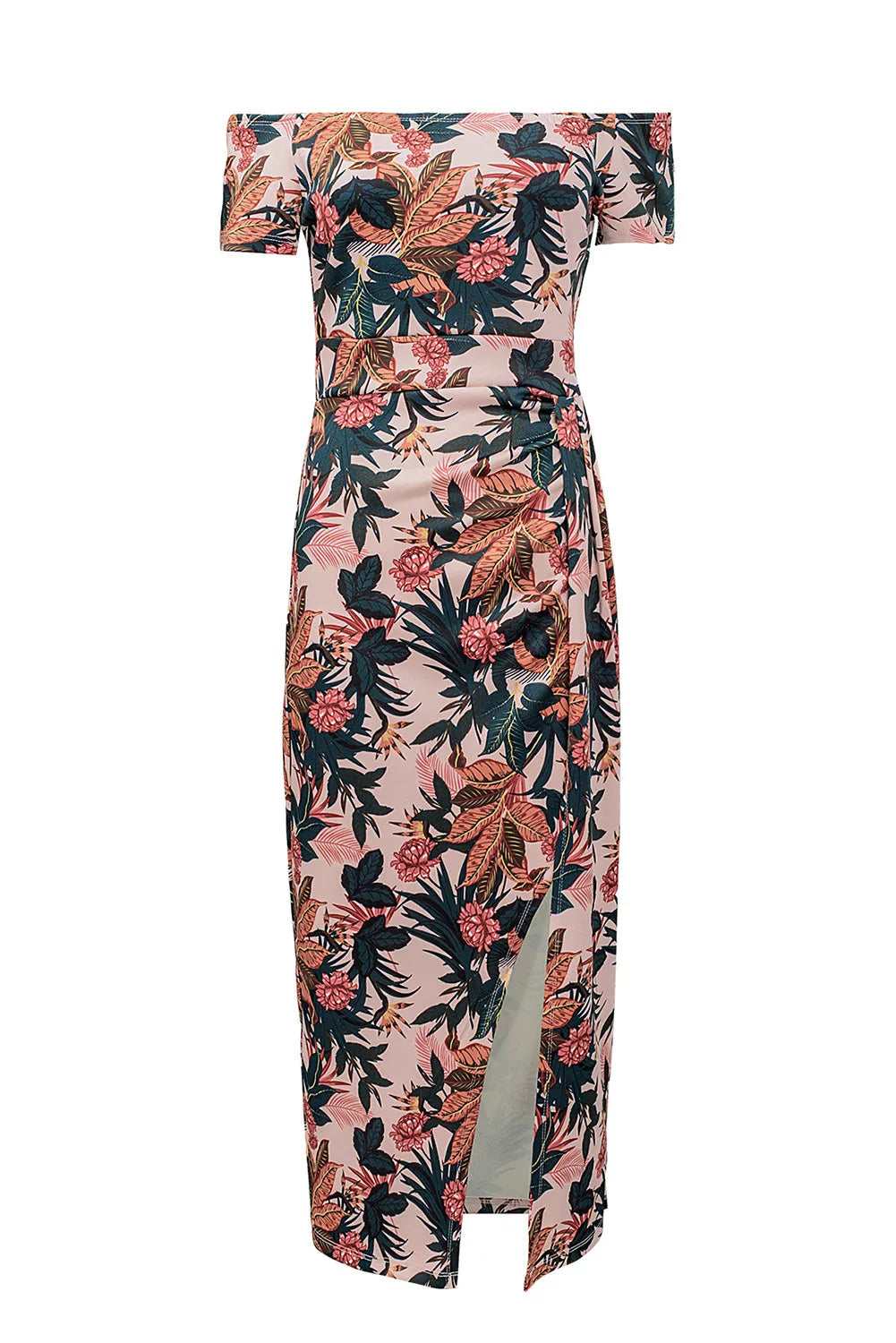 Pink Pattern Print Off Shoulder Slit Bodycon Midi Dress - Chic Meadow Boutique 