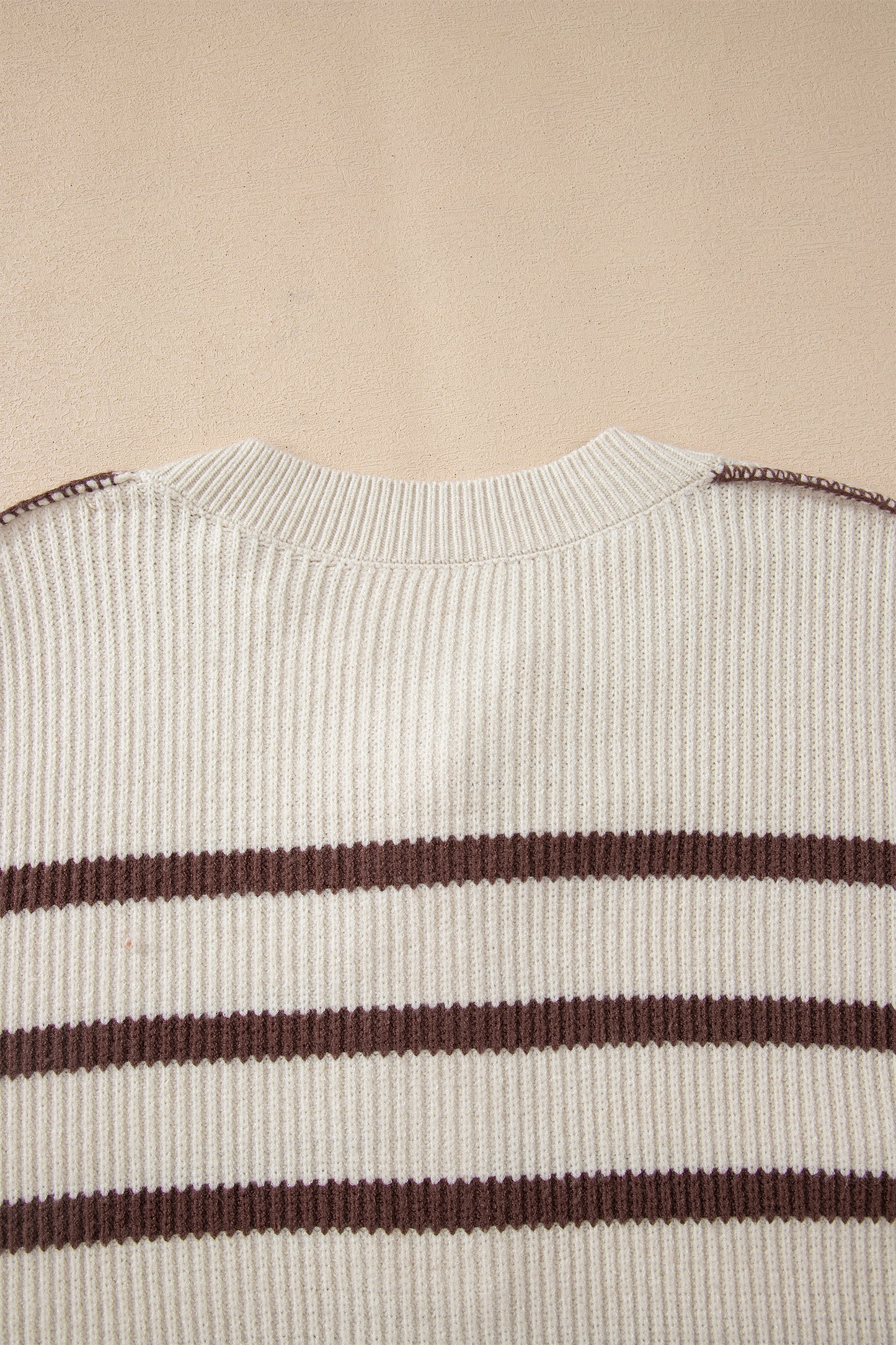 Brown Stripe Ribbed Henley Drop Shoulder Slouchy Sweater
