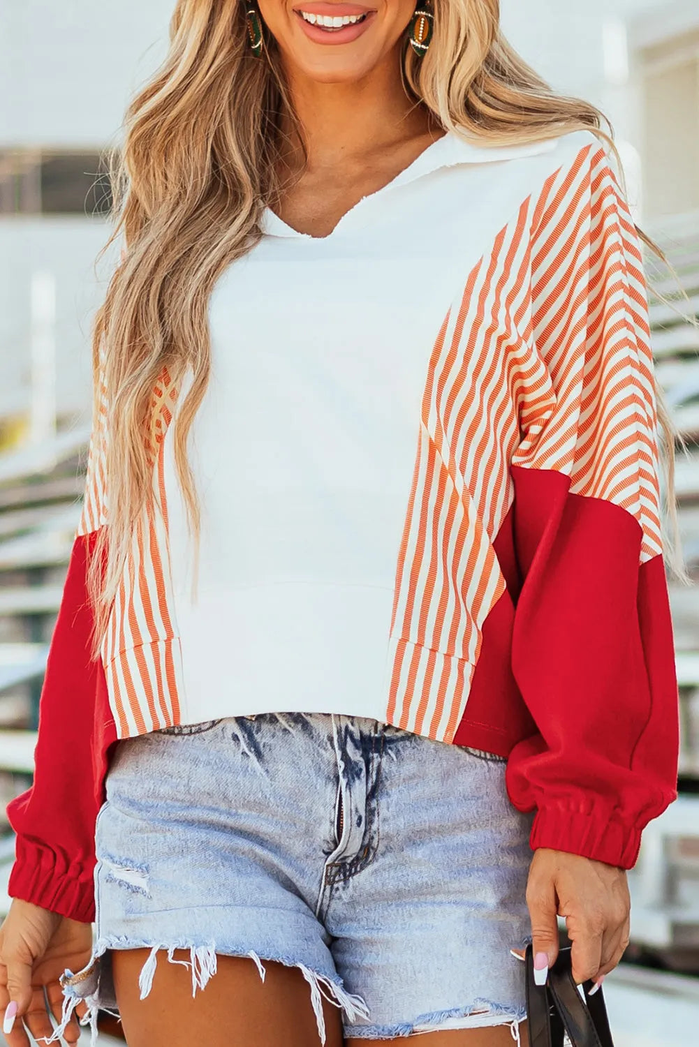 White Striped Color Block Collared V Neck Oversized Sweatshirt - Chic Meadow Boutique 