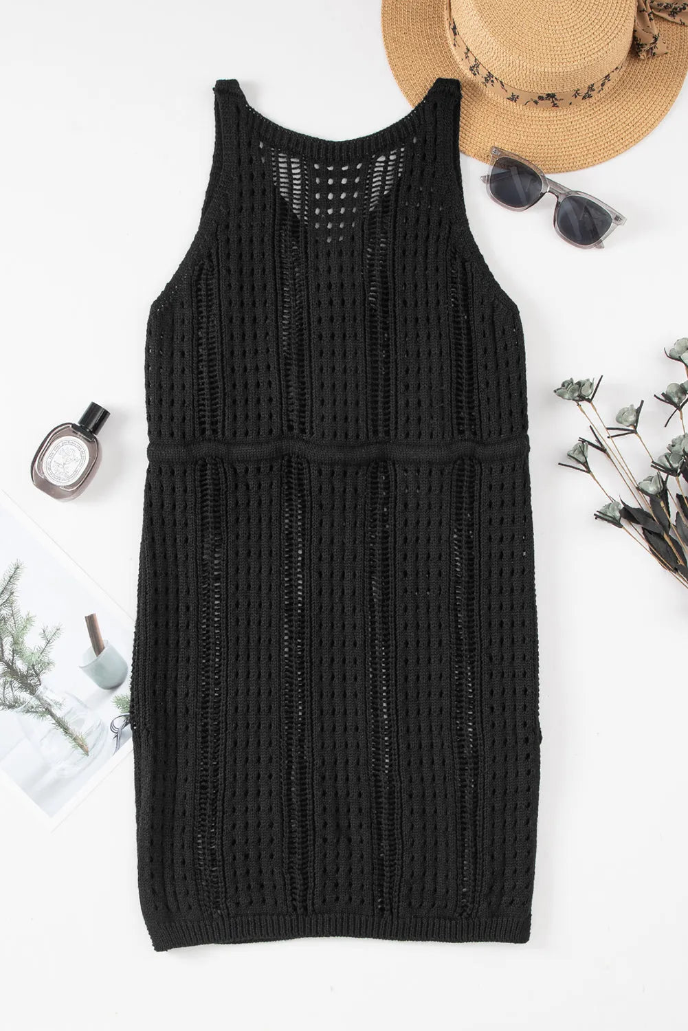 Black Crochet Hollow-out Sleeveless Beach Dress with Drawstring - Chic Meadow Boutique 