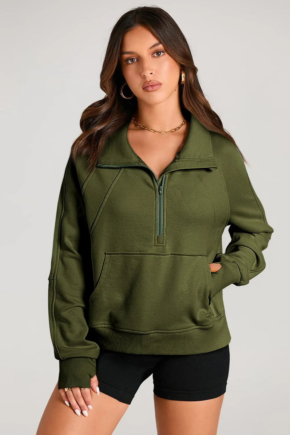 Moss Green Quarter Zip Stand Neck Kangaroo Pocket Sweatshirt - Chic Meadow Boutique 