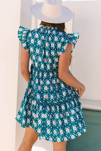 Blue Retro Floral Print Split Neck Ruffle Short Sleeve Dress