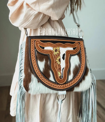 THE CAROLINE CROSSBODY steer longhorn - cowhide purse bag - Chic Meadow Boutique 