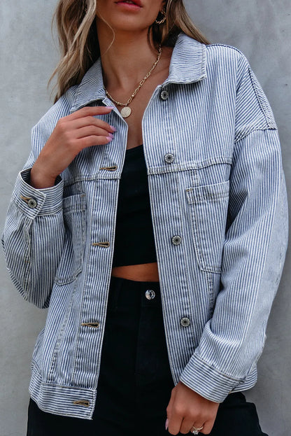 Sky Blue Stripe Washed Oversize Pocketed Denim Jacket - Chic Meadow Boutique 