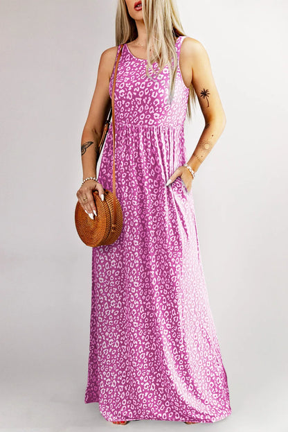 Rose Leopard Print Pocketed Sleeveless Maxi Dress - Chic Meadow Boutique 