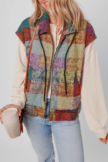 Outerwear/Vests Multicolor Plaid Print Side Pockets Zipped Loose Vest