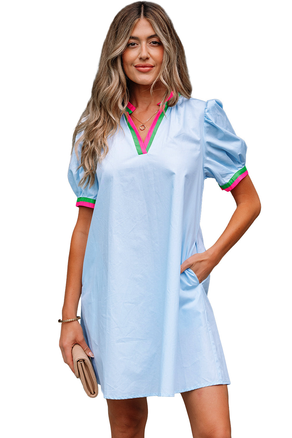 Myosotis Contrast Striped Notched V Neck Puff Sleeve Mini Dress