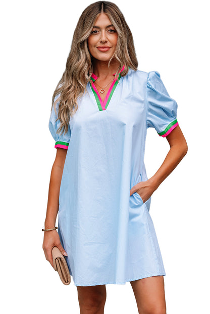Myosotis Contrast Striped Notched V Neck Puff Sleeve Mini Dress