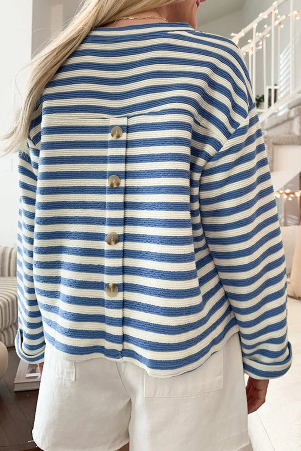 Sky Blue Stripe Chest Pocket Buttoned Back Notched V Neck Top - Chic Meadow Boutique 