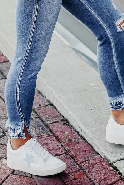 Light Blue Distressed Frayed Ankle Skinny Jeans - Chic Meadow Boutique 