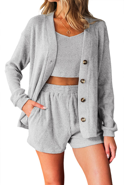 Light Grey 3 Pieces Rib Crop Camisole Matching Shorts Lounge Set with Cardigan