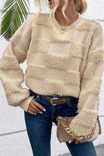 Sweaters & Cardigans/Sweaters Parchment / S / 100%Acrylic Parchment Checkered Sherpa Crew Neck Loose Sweater