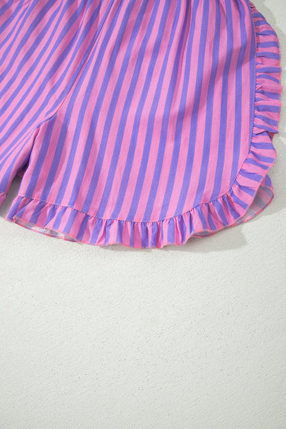 Rose Stripe Elastic Waist Ruffle Trim Casual Shorts