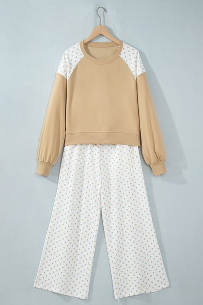 Khaki Polka Dot Patchwork Colorblock Long Sleeve Casual Two Piece Pants Set