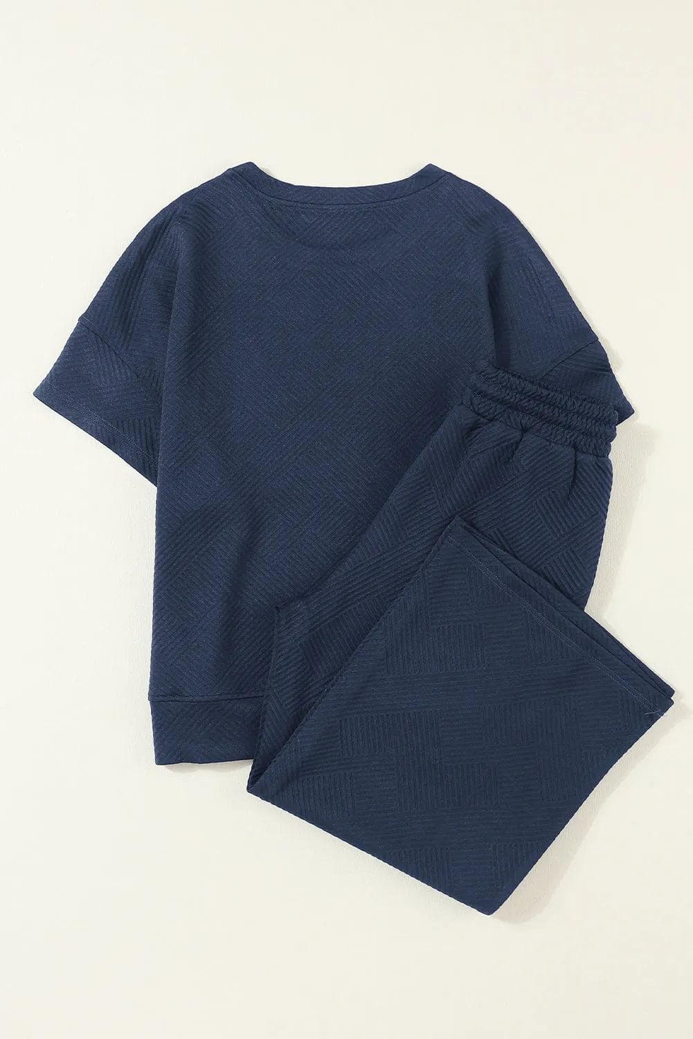 Navy Blue Textured Loose Fit T Shirt and Drawstring Pants Set - Chic Meadow Boutique 