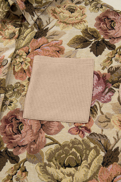 Khaki Floral Waffle Knit Patchwork Chest Pockets Buttoned Jacket