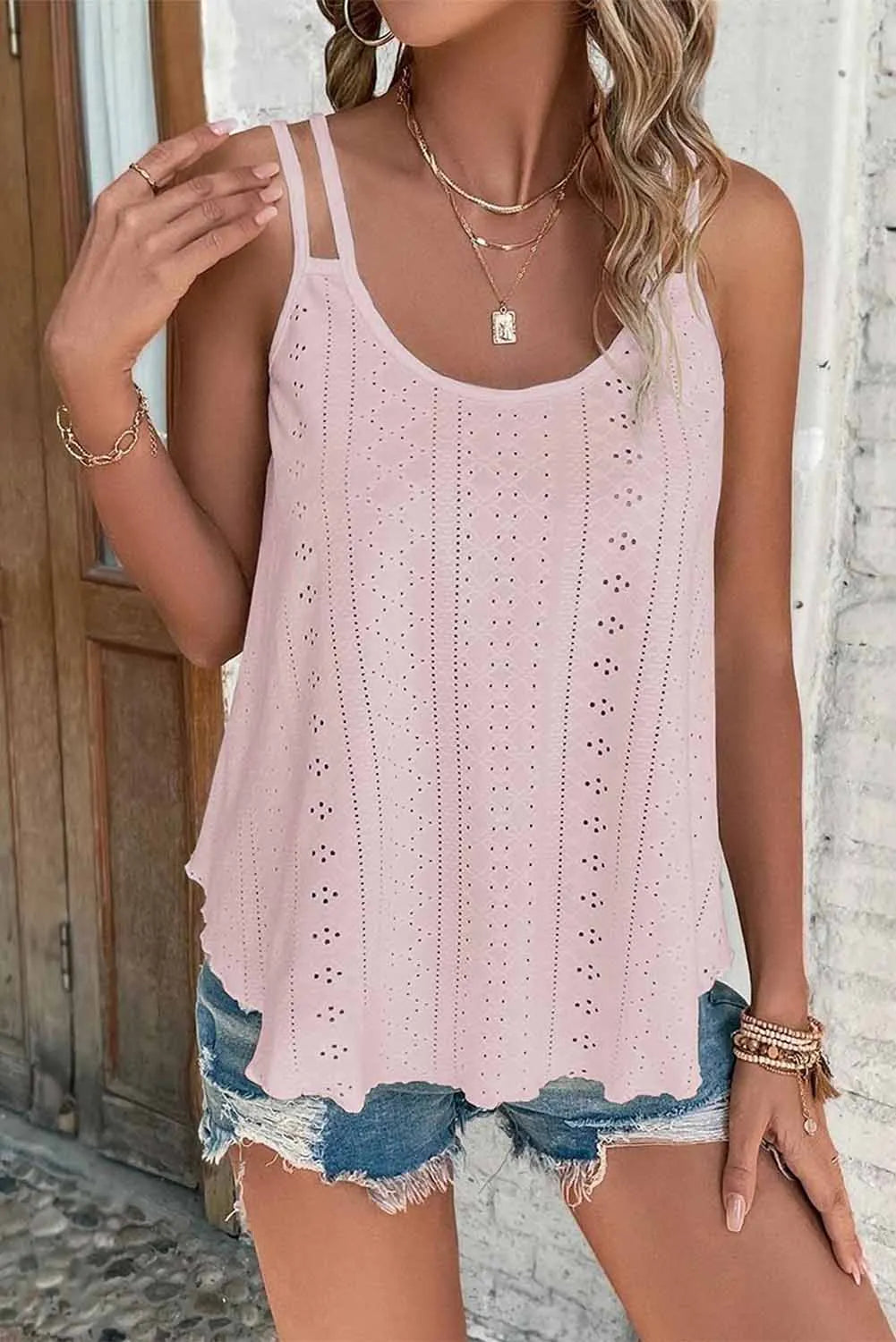 Pink Eyelet Strappy Scoop-Neck Tank Top - Chic Meadow Boutique 