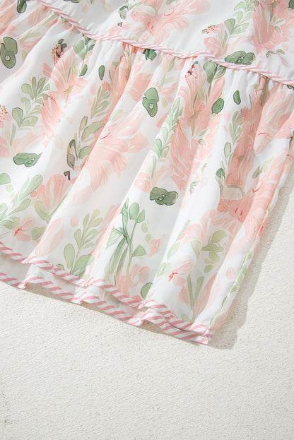 Pink Plus Size Floral Print Striped Detail Short Summer Dress