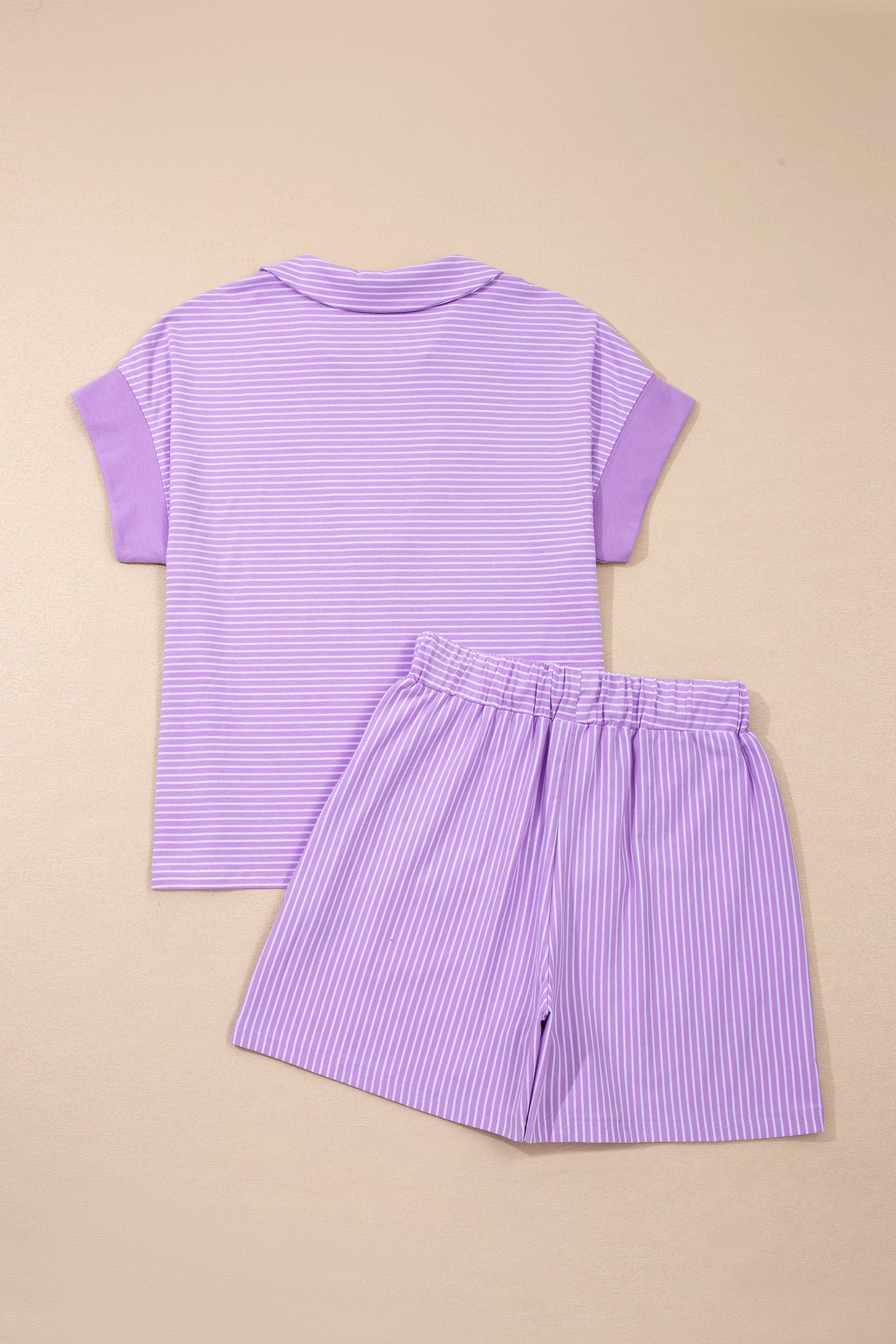 Purple Stripe Dolman Sleeve Polo Shirt and Drawstring Shorts Set